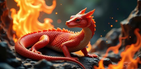 Fototapeta premium Salamander amidst swirling flames, Baroque style, illustration, animal