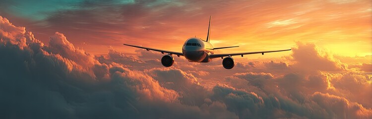 Airplane soaring through a vibrant sunset sky filled with clouds