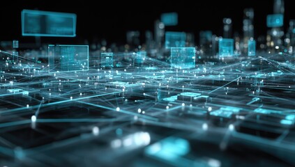 Futuristic city network with glowing turquoise lines and data displays