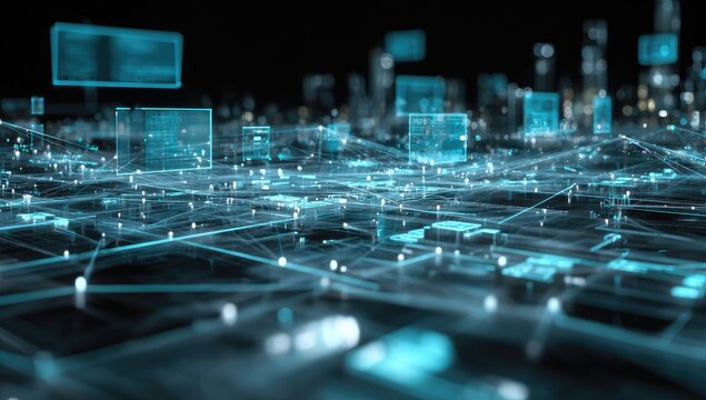 Futuristic city network with glowing turquoise lines and data displays
