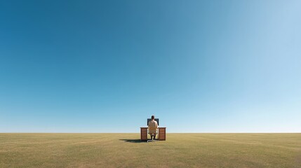  The lonely office desk of a businessman working at a computer in the middle of an empty field under a vast blue sky symbolizes isolation and the problems of remote work.