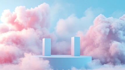 Pastel-colored clouds surround a light blue, minimalist podium display.
