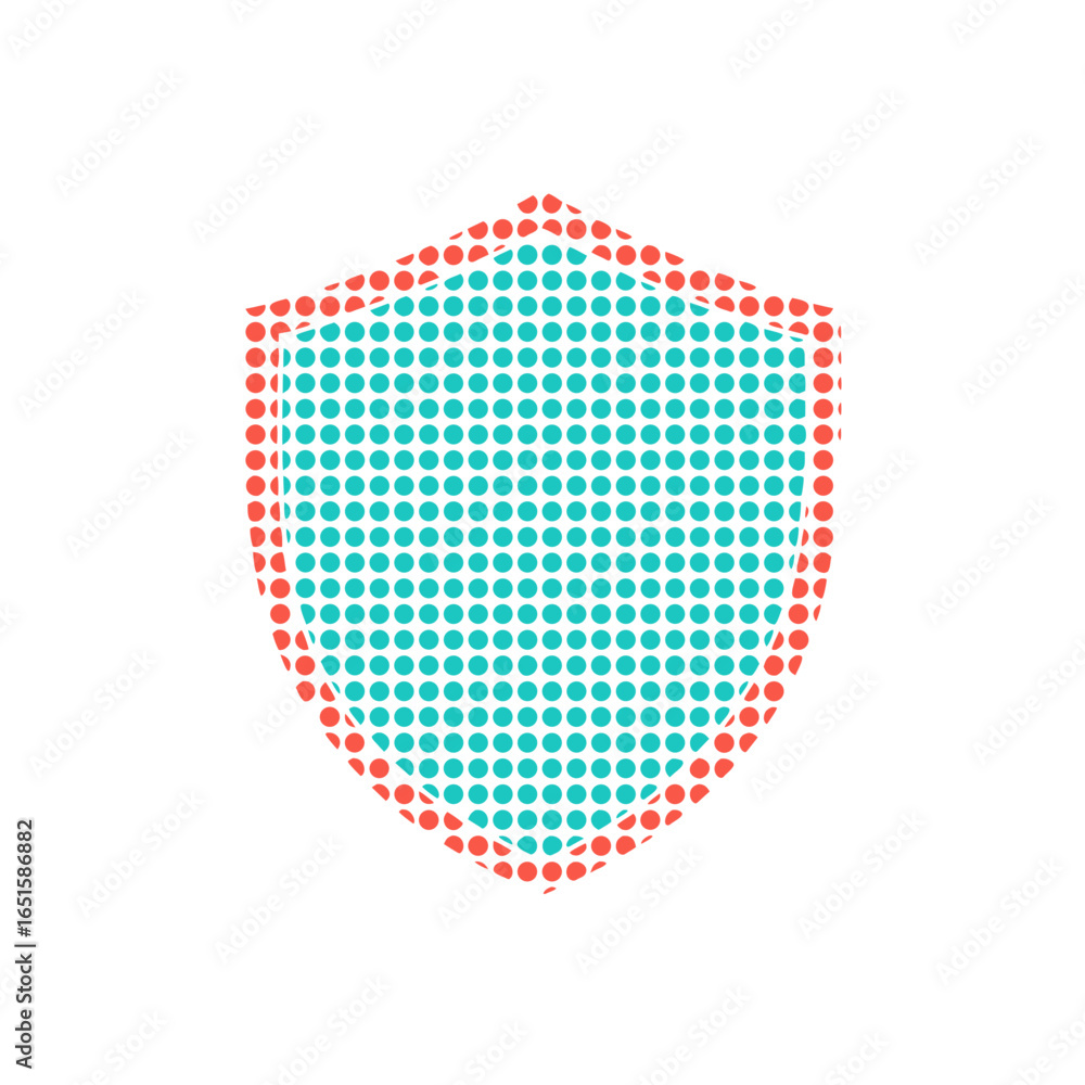 Poster dotted teal shield symbol with a red frame emphasizing cybersecurity and digital protection, illustr