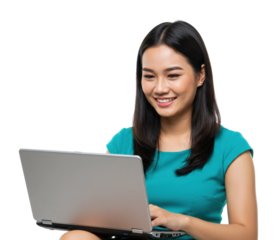 Woman using laptop home office digital workspace indoor eye-level productivity and technology isolated on transparent background