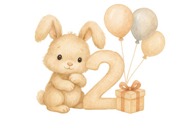 Fluffy rabbit wearing party hat, surrounded by colorful balloons and wrapped gift, commemorating second birthday with whimsical celebration