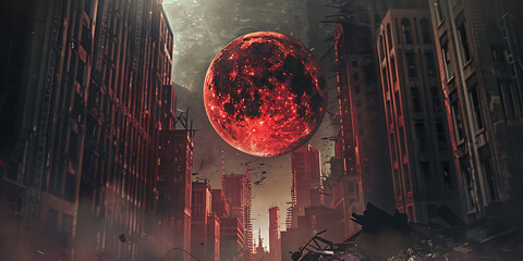 Red moon looms over desolate cityscape
