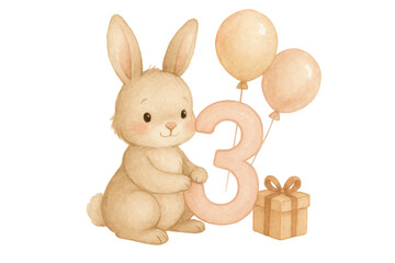 Cute fluffy rabbit holding numeral three, surrounded by festive balloons and wrapped gift, marking third birthday celebration on clean transparent backdrop