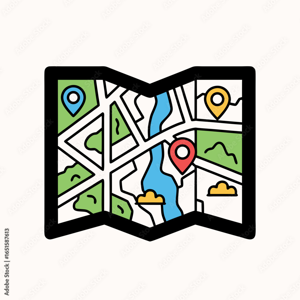 Poster simplified graphic of a location map with markers and stylized terrain representation perfect for mo