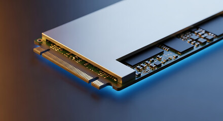 A sleek M.2 NVMe solid-state drive with a metallic heatsink, glowing with a blue light on a dark surface.