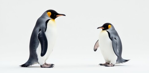 Two penguins, one slightly larger, facing different directions on a pure white backdrop , wildlife, black
