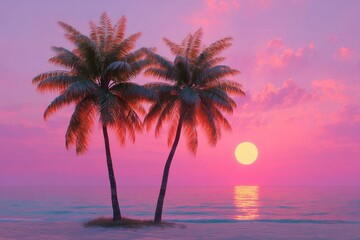Obraz premium Two palm trees on a beach at sunset. Vibrant pink and purple colors