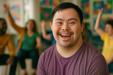 Young Adult with Down Syndrome Laughing in Inclusive Improv Class with Diverse Group in Background