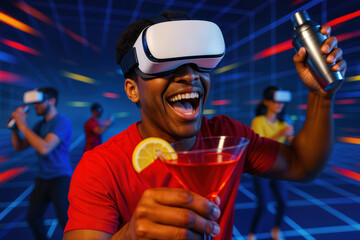 Virtual Reality Cocktail Party with Diverse People Wearing Headsets and Enjoying Drinks in a Futuristic Setting