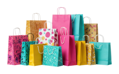 Shopping delight colorful paper bags collection retail store product display bright environment eye-level promotional concept isolated on transparent background