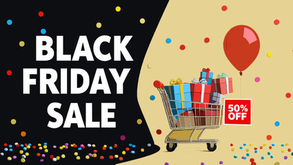 Black Friday sale banner with a shopping cart full of gifts and a balloon