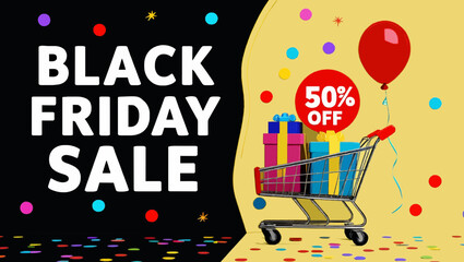 Black Friday sale banner with a shopping cart full of gifts and a balloon