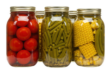 Canning fresh vegetables preserving flavorful tomatoes corn and beans at home kitchen indoor culinary art isolated on transparent background