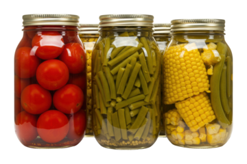 Canning fresh vegetables preserving flavorful tomatoes corn and beans at home kitchen indoor culinary art isolated on transparent background
