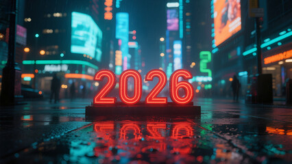 A bold digital sign displays '2026' in bright red LED lights, casting a warm glow on the reflective wet pavement below. Happy New Year, Happy New Year 2026, Merry Christmas And Happy New Year