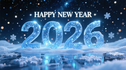 An illustration of a magical New Year's celebration with the year 2026 in bold, sparkling blue letters that shimmer with intricate glitter and reflections. Happy New Year, Happy New Year 2026
