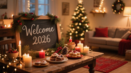A chalkboard sign reads 'Welcome 2026' in elegant cursive lettering, surrounded by pine branches, berries, and twinkling lights. Happy New Year, Happy New Year 2026, Merry Christmas And Happy New Year