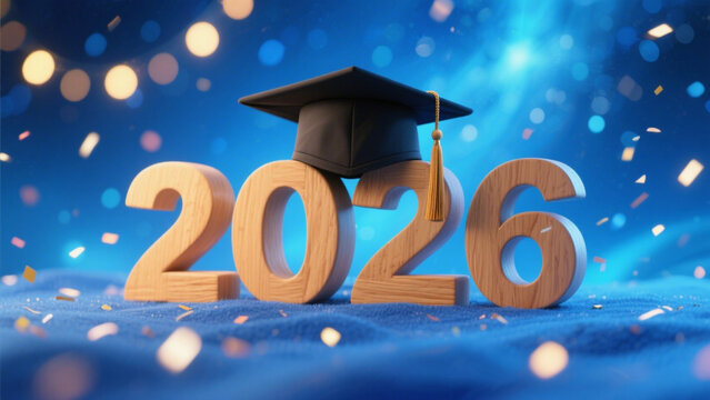 A celebratory graduation scene featuring the year '2026' in bold, wooden 3D letters with a classic black graduation cap perched atop them. Happy New Year, Happy New Year 2026 - Powered by Adobe