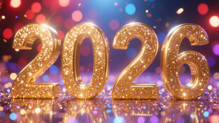 A festive celebration of the New Year 2026, featuring bold, three-dimensional golden numbers 2026 with a sparkling, glittery texture that shimmers under vibrant, colorful light. Happy New Year