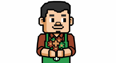 Fototapeta premium Pixel Art Florist Holding Flowers Cheerful Character Illustration