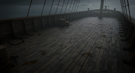 Dramatic View of an Empty Wooden Ship Deck Under a Dark, Stormy Sky