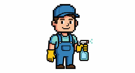 Pixel Art Cleaner with Spray Bottle A Retro Style Cleaning Service Illustration