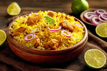 Yellow rice and chicken biryani in wooden bowl on brown cloth. Tasty, healthy food. Great for restaurant menu, food blog, cookbook photography.