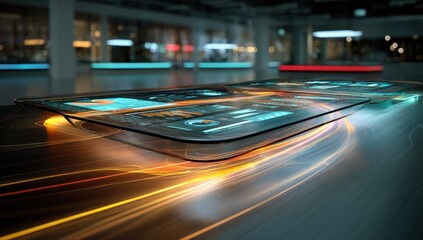 Futuristic interactive display tables in a modern space