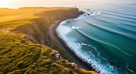 Majestic Lighthouse on a Golden Cliffside Overlooking a Perfect Turquoise Swell