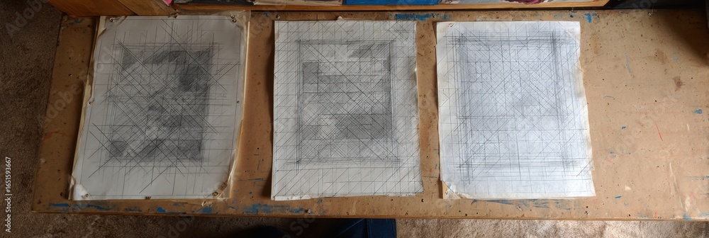 Poster creative drawing process showing three textured paper sheets with geometric patterns on a wooden tab