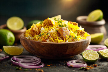 Yellow Biryani steams in a wooden bowl, accented by lime and red onion. Dramatic lighting highlights texture for food blogs, cookbooks, and menu design.