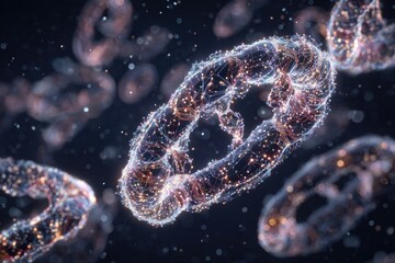 Abstract chain links in a digital, glowing network