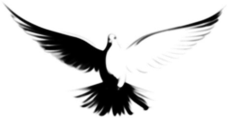 Obraz premium Silhouette of a dove mid-flight with spread wings in halftone black and white