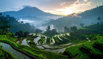 Lush terraced rice paddies at sunrise.