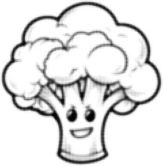 Fototapeta premium Smiling black and white cartoon broccoli character with pixelated texture