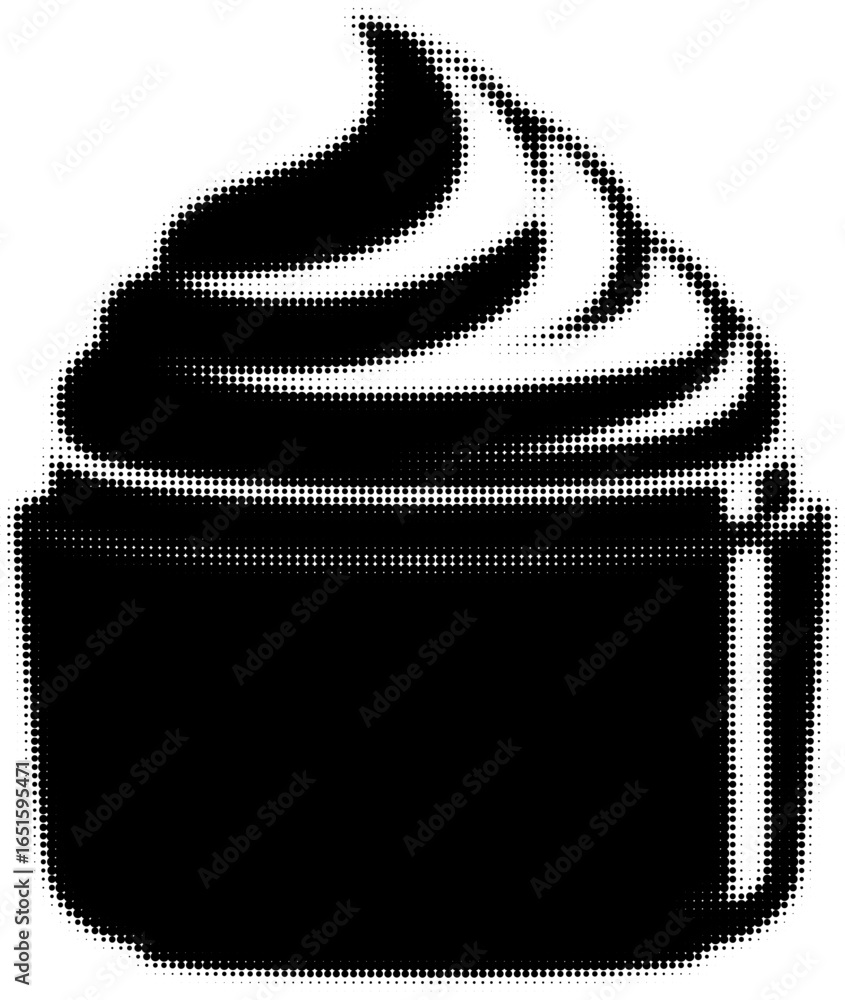 Poster silhouette of a swirl of whipped cream in a jar with halftone dots style
