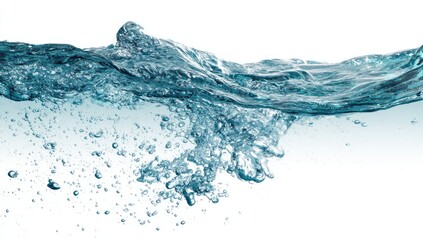 A close-up of a dynamic wave of clear, aqua-colored water against a stark white background, showcasing numerous rising air bubbles