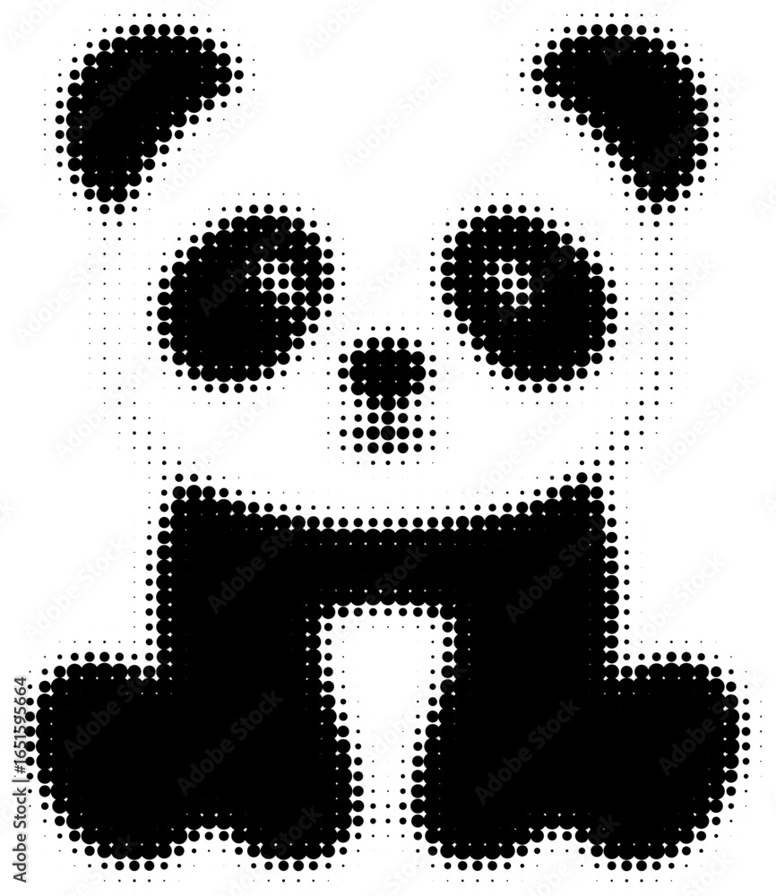 Poster black and white halftone panda design with abstract dots pattern