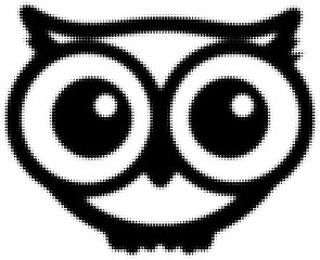 Obraz premium Pixelated owl face illustration in black and white with large expressive eyes