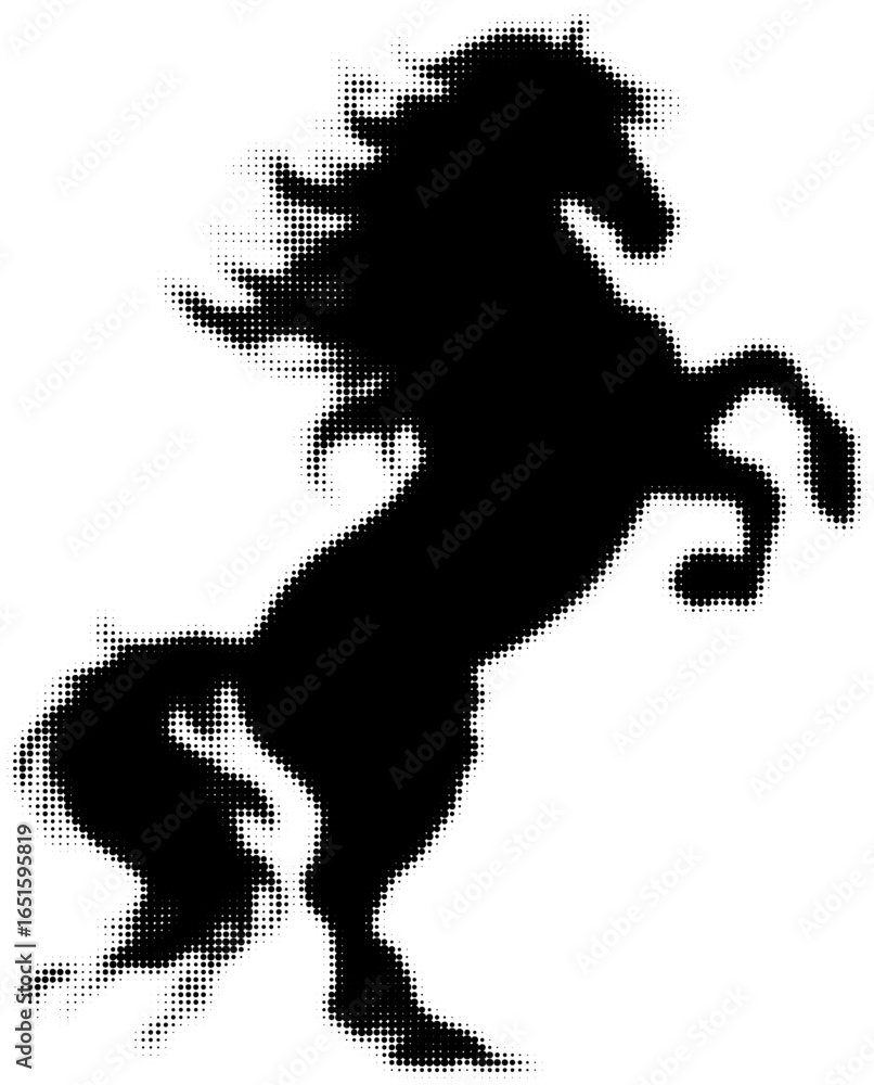 Poster silhouette of a rearing horse in halftone pattern creating a dramatic effect