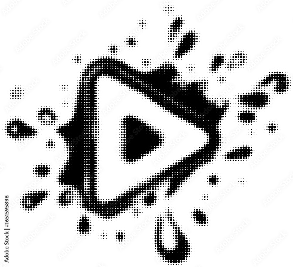 Poster black and white play button with splash effect halftone style design