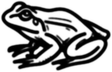 Pixelated black and white frog illustration with halftone effect