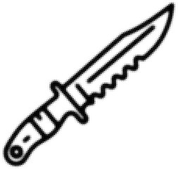 Halftone illustration of a serrated knife with detailed handle design