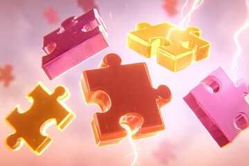 Colorful puzzle pieces in motion against a soft background with glowing light effects