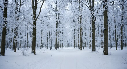 Fototapeta premium Snowcovered woods with tall trees lining a snowcovered path