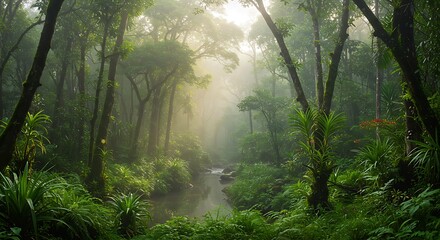 Fototapeta premium Beautiful mystical forest withfog in autumn. Colorful landscape with enchanted trees with green leaves. Scenery with path in dreamy foggy forest.Nature background